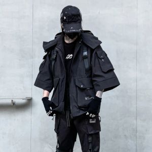 Snknow Hip Hop Techwear Cargo Jacket, Black, Cotton